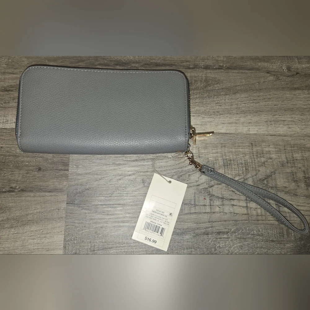 Gray Wrislet Wallet With Strap, 2 Zippered Sections, Card Slots & Coin Storage